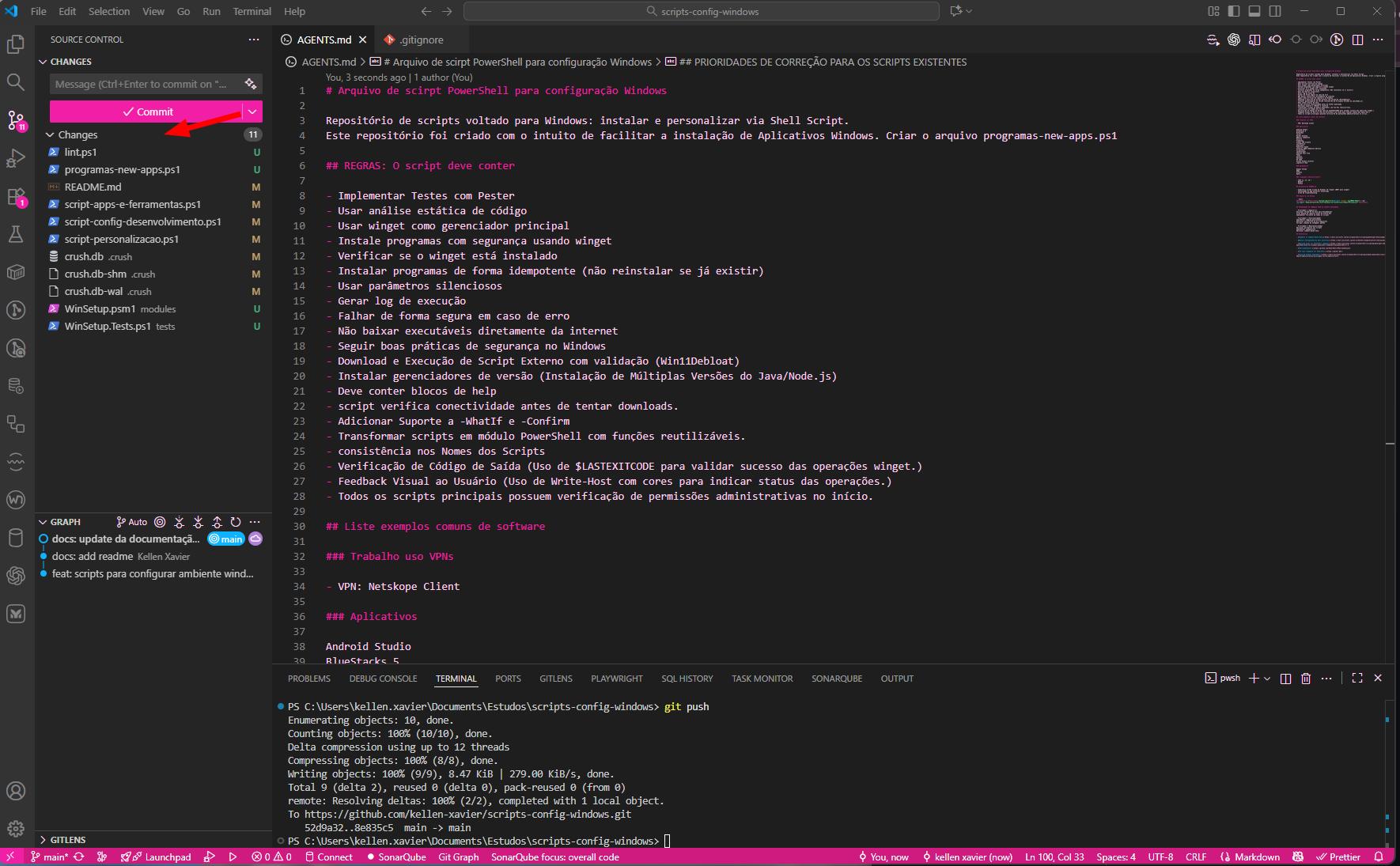 Modificações vistas no VS Code